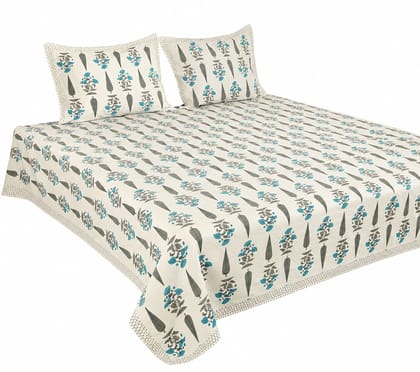 Hand Block Print Luxury Super King Cotton Bedsheet 108x108 With 2 Pillow Covers, 250GSm, 144TC