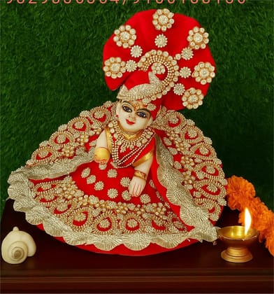 DHRUVINSRIladdu Gopal Heavy Dress Gawn with sudded ZARKHIN Flowers & ZARKHIN LACE Work, krishnaji, kanhaji, thakurji Adjustable Gawn for Ladoo Gopal Ji Idol Size 5&6 Color-RED