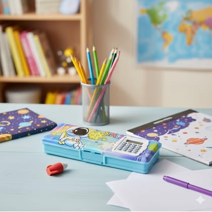 4257 Double Sided Magnetic Geometry Box Pencil Box with Calculator for Boys Art Plastic Pencil Box for Girls and Boys (Blue)