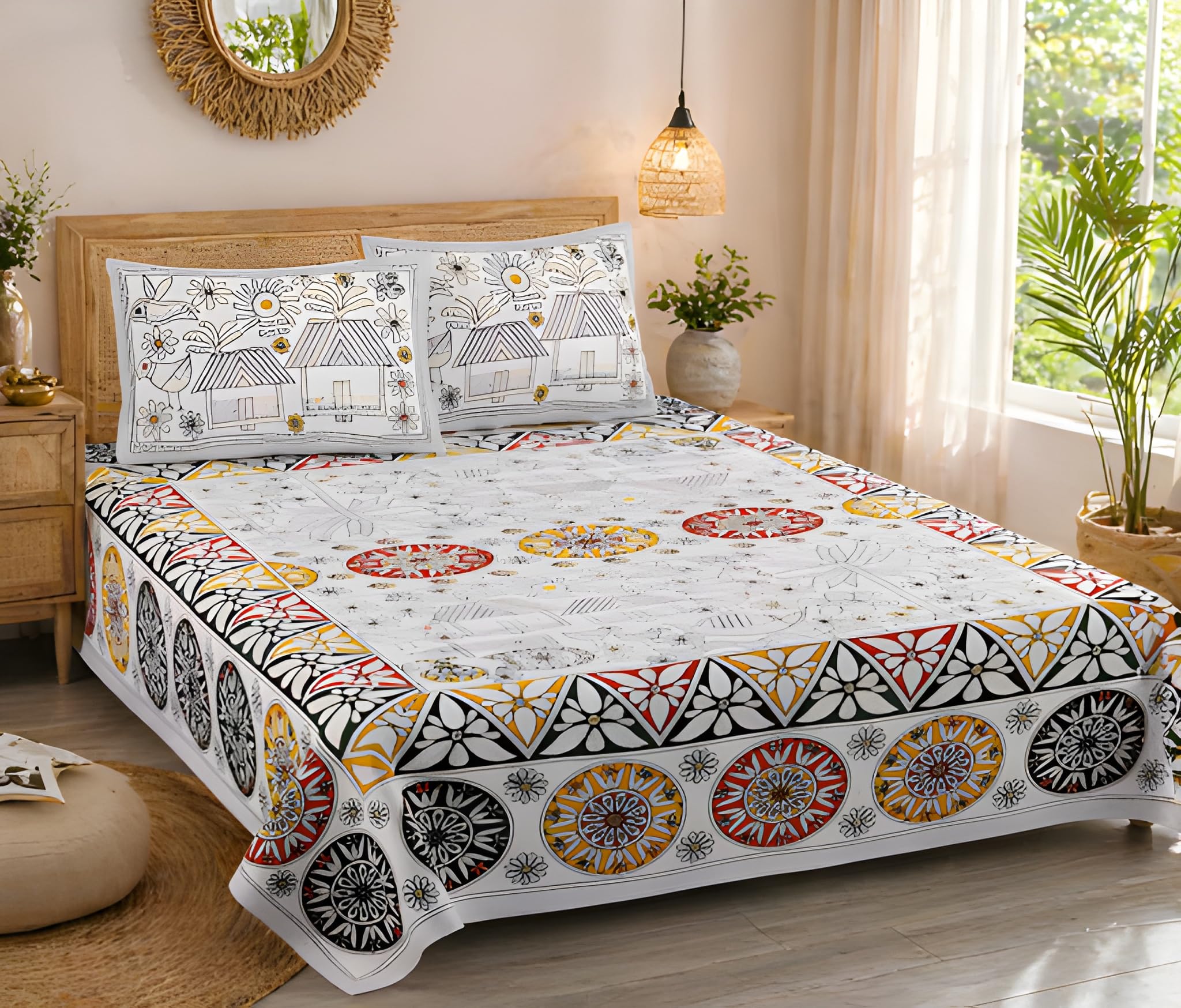 DHRUVINSRI Pure Cotton, Kantha Print King Size Bed Bedsheet 90*108 In, with 2 Pillow Covers, 220 TC- White Ivory