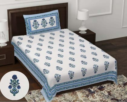 Luxury Hand Block Cotton Single Bedsheet with 1 Pillow Cover | Heritage Luxury Hand Block premium Soft Bamboo Cotton Fabric Lightweight comfort & Breathable Blue floral design