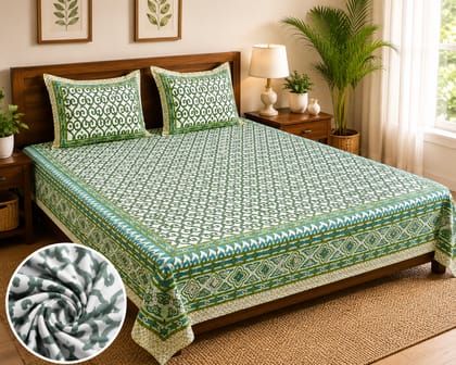 DHRUVINSRI Cotton Bedsheet Set, Olive Green Jaipuri Print, 100x108 Inch, Double King Size Bed Cotton bedsheet, 275 * 264, Bed Sheet with 2 Pillow Covers