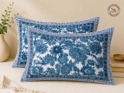 Floral Hand Block Printed, Double King Size Combed Cotton Bedsheet 100*108 Inches, 2 Pillow Covers, Luxury Bedsheet Set- Blue(Variations Available) (Blue)