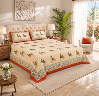 DHRUVINSRI Pink City Heritage Camel Print Cotton King Size Bedsheet with 2 Covers, 90*108 inches