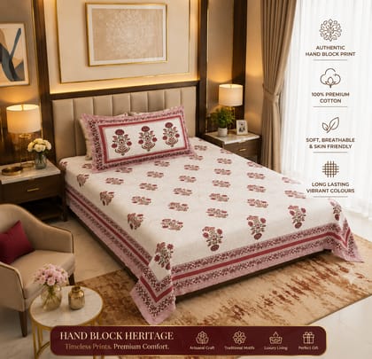DHRUVINSRI Luxury Hand Block Cotton Single Bedsheet with Pillow Cover 63*90 inches. ((157*229 cms) -Best for Single Bed, Diwan , Sofa Covers, Living Room