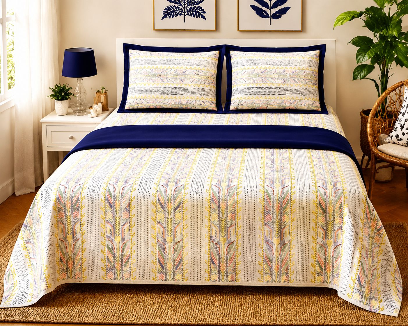 DHRUVINSR  Luxury Kantha Hand Block Print SuperKing Size Bedheet Set with 2 Pillow Covers, Natural Pure Cotton,108 * 108 inches, 274*274 cms & 9 * 9 ft, AZOFREE