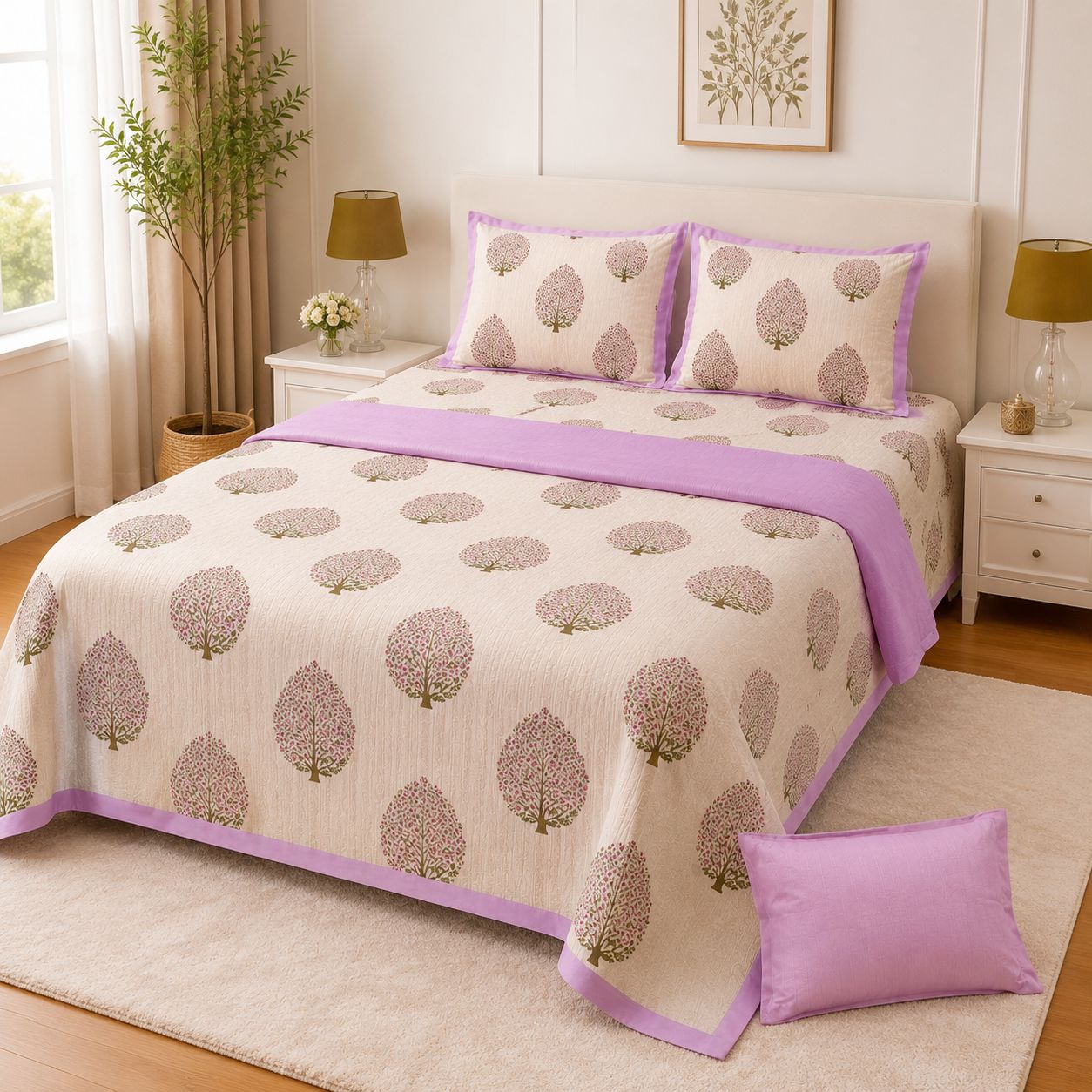 DHRUVINSRI Kantha Premium Bamboo Cotton Super King Bed Size bedsheet 108 * 108 with 2 Pillow Covers, Leaf Design Kantha Print , safe for Skin & hairs, Azofree,-Off White & Pink Color