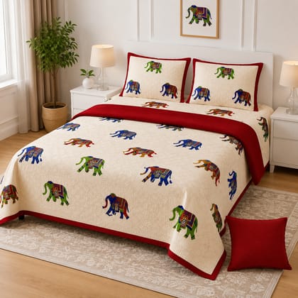 DHRUVINSRI Heritage Elephant Pattern, Super king bed size Cotton Bedsheet 275*275 cm/108*108 in/9*9 ft with Pillow cavers 45*74 cms,- Burgendy Trim with multicolor elephant-1 set