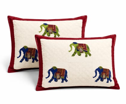 DHRUVINSRI Heritage Elephant Pattern, Super king bed size Cotton Bedsheet 275*275 cm/108*108 in/9*9 ft with Pillow cavers 45*74 cms,- Burgendy Trim with multicolor elephant-1 set