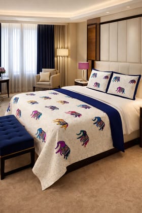 DHRUVINSRI Elegant Premium Cotton Super King Size 275 x 275 cm with 2 Pillow Covers, Heritage Elephant Deign-white