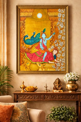 Original Hand-Painted Wall Art Krishna Yashoda Bal Leela Acrylic Art Master Piece | Bal Krishna Wall Art | ISKCON Devotee Home Decor | Handmade Indian Traditional Acrylic Canvas Artwork | Krishna Devotional Gift
