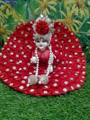 DHRUVINSRI Pooja Article Beautiful Designer Gawn, Choli & Pagdi, Red flowers, Studded Zarkhin, Fancy Poshak,laddu Gopal ji, krishna, kanhaji,Thakurji,Color-Red Colour