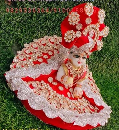 DHRUVINSRI Pooja Article, laddu Gopal Heavy AD Studded Full Gawn, Choli & PAGDI Set Suitable for Gopal JI Size 3,4 &5, Rajawad Style, Fancy zarkhin lace,laddu Gopal ji, krishnaji, kanhaji, thakurji, Color-RED