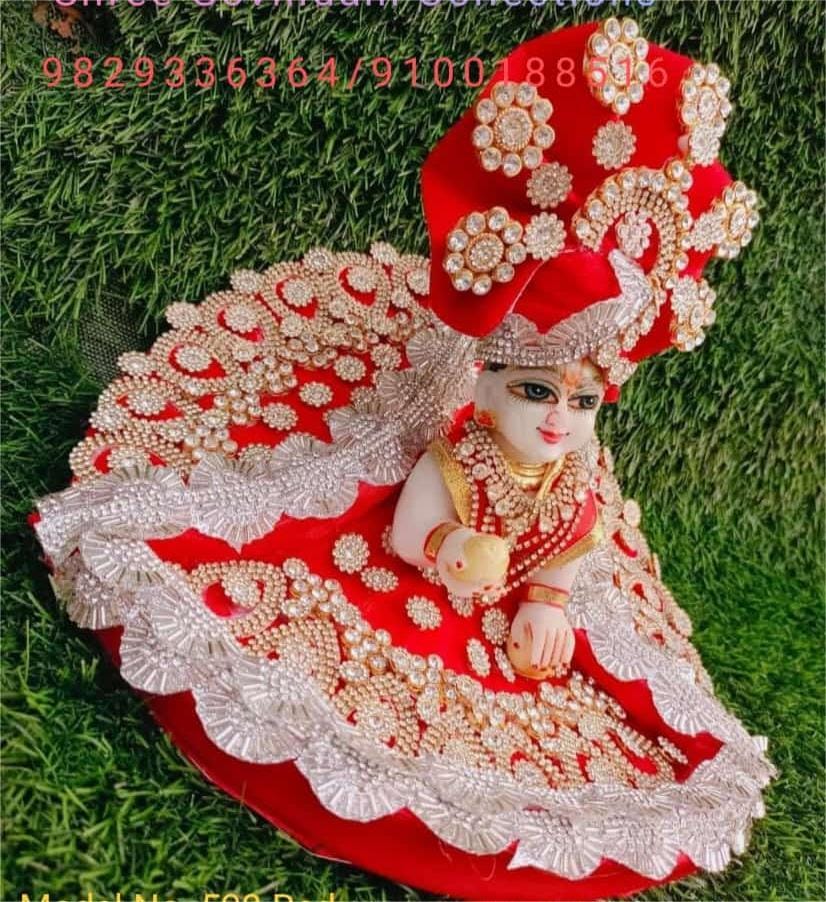 DHRUVINSRI Pooja Article, laddu Gopal Heavy AD Studded Full Gawn, Choli & PAGDI Set Suitable for Gopal JI Size 3,4 &5, Rajawad Style, Fancy zarkhin lace,laddu Gopal ji, krishnaji, kanhaji, thakurji, Color-RED
