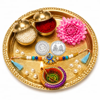 DHRUVINSRI 4p Elegant Twin Morpankh Feather Rakhi Tilak Set Combo - 1 Designer Rakhi, 1 Laxmi Ganesha Coin, 2Pcs Tilak Pouches
