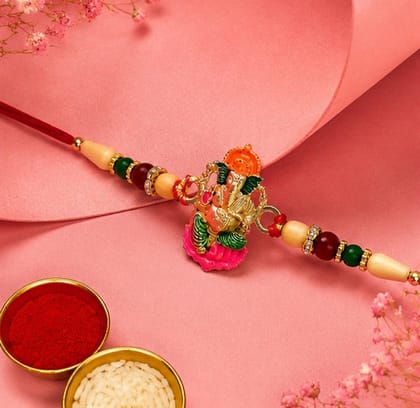 DHRUVINSRI  Ganesha Rakhi – Traditional Wooden Beads with Colorful Accents-1 Pc