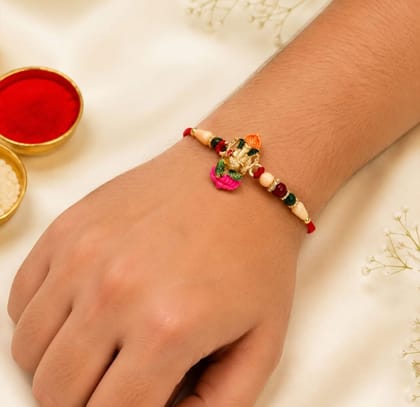 DHRUVINSRI  Ganesha Rakhi – Traditional Wooden Beads with Colorful Accents-1 Pc
