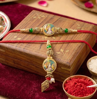 DHRUVINSRI 5 Pcs Peacock Charm Bhaiya Bhabhi Rakhi Kit With 1 Laxmi Genesha Coin, Tilak Kit and Assorted Nuts Packet 36 Grams – Colorful Beads & Traditional Elegance-