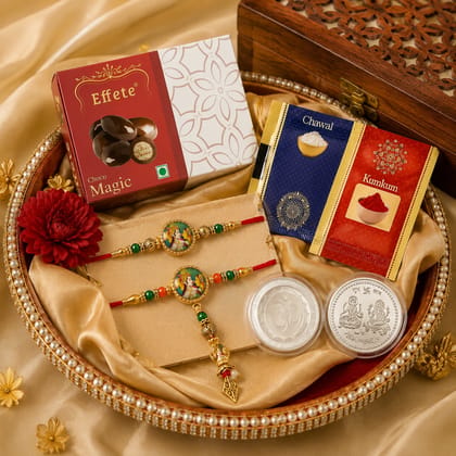 DHRUVINSRI 5 Pcs Peacock Charm Bhaiya Bhabhi Rakhi Kit With 1 Laxmi Genesha Coin, Tilak Kit and Assorted Nuts Packet 36 Grams – Colorful Beads & Traditional Elegance-