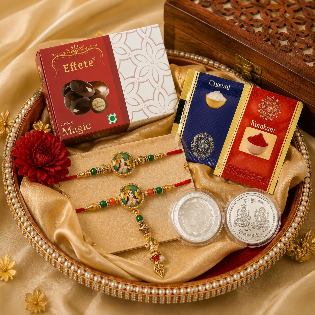 DHRUVINSRI Lumba Bhabhi Bhaiya  Rakhi Gift Hamper - 6-Item Raksha Bandhan Gift for Brother – 1 Assorted Nuts Chocolate Box, 1 Laxmi-Ganesh Blessing Coin, 2 Tilak Set-Chawal, & more | Premium Gift Hamper Combo Set