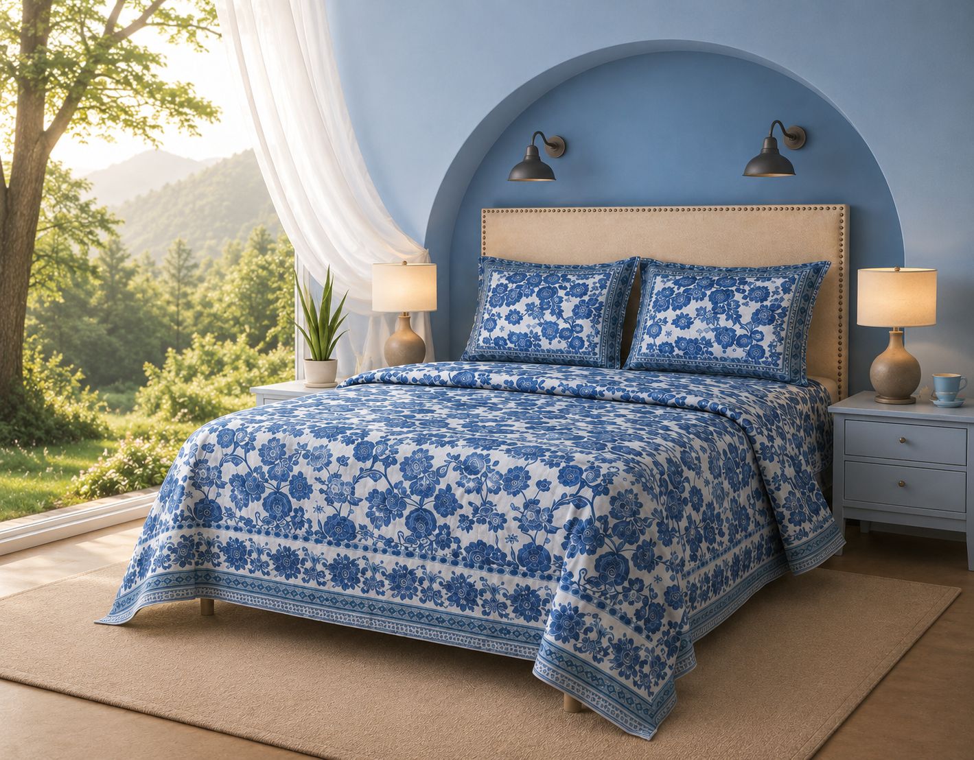 Dhruvinsri Double King Size Combed Cotton Bedsheet , Floral Hand Block Printed Luxury Bedsheet , 100*108 Inches, 2 Pillow Covers, Set- indigo Color)