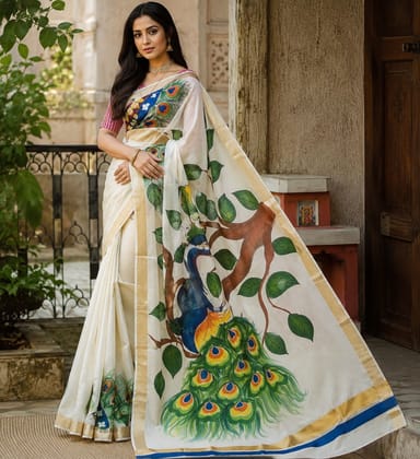 DHRUVINSRI Premium Ivory White Kerala Kasavu Cotton Hand Painted Saree | Peacock Tree of Life Ethnic Motif | Fine Lightweight Cotton Kasavu Saree | Artisan Handmade Indian Traditional Saree for Women
