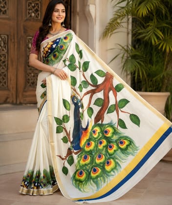 DHRUVINSRI Premium Ivory White Kerala Kasavu Cotton Hand Painted Saree | Peacock Tree of Life Ethnic Motif | Fine Lightweight Cotton Kasavu Saree | Artisan Handmade Indian Traditional Saree for Women