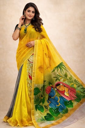 Wearable Indian Art Premium Kerala Cotton Kasavu Saree with Golden Zari Border | 6.5M Acrylic Hand Painted Radha Krishna Vrindavan Artwork | Traditional Indian Ethnic Saree with Running Blouse