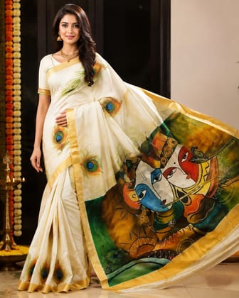 Shop Premium Kerala Cotton Kasavu Saree with Golden Zari Border, Wearable Indian Art, 6.25 m Length and Running Blouse, Features Acrylic Hand-Painted Radha Krishna Vrindavan Artwork Inspired by Krishna's Bansuri