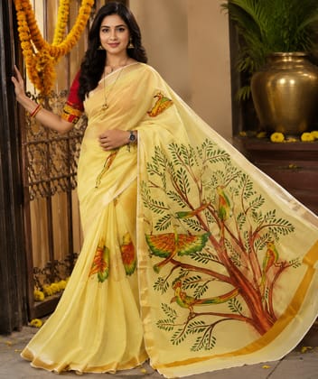 DHRUVINSRI Luxury Kerala Cotton Kasavu Saree | Wearable Indian Art Hand Painted Tree of Life & Colorful Birds Artwork with Golden Zari Border | Elegant Yellow Traditional Saree with Running Blouse