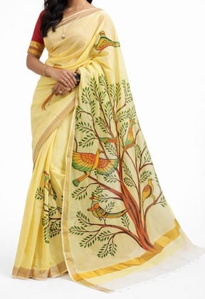 DHRUVINSRI Luxury Kerala Cotton Kasavu Saree | Wearable Indian Art Hand Painted Tree of Life & Colorful Birds Artwork with Golden Zari Border | Elegant Yellow Traditional Saree with Running Blouse