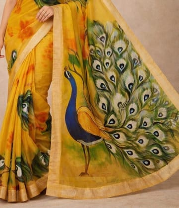 DHRUVINSRI Luxury Kerala Cotton Kasavu Saree | Hand Painted Peacock & Peacock Feather Art with Golden Zari Border | Elegant Yellow Ethnic Saree with Running Blouse
