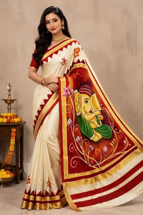 DHRUVINSRI Luxury Kerala Kasavu Cotton Saree | Artistic Hand Painted Lord Ganesha & Lotus Design with Golden Zari Border | Elegant Red & Cream Traditional Indian Saree