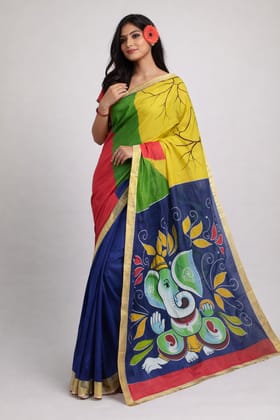 DHRUVINSRI Luxury Kerala Kasavu Cotton Saree | Hand Painted Lord Ganesha & Floral Artwork | Multicolor Ethnic Saree with Golden Zari Border & Running Blouse