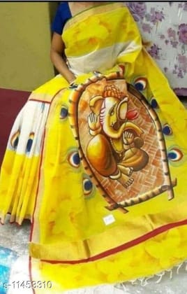 Luxury Kerala Kasavu Cotton Saree | Hand Painted Lord Ganesha with Peacock Motifs & Designer Pallu | Multicolor Ethnic Saree with Golden Zari Border & Running Blouse I Traditional Ethnic Indian Saree | Festive & Occasion Wear