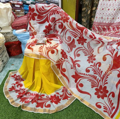DHRUVINSRI Premium Kasavu Cotton Hand-Painted Saree with Zari Border | Artistic Acrylic Floral Print South Indian Ethnic Saree with Blouse Piece | Festive & Occasion Wear