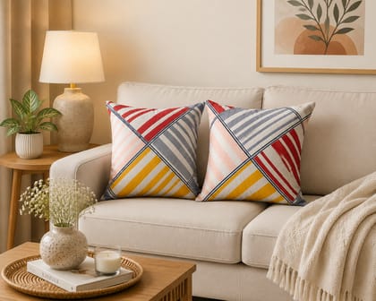 DHRUVINSRI Set of 2 Cotton Blend Cushion Covers 16 x 16 Inches, Square Striped Print Decorative Cushion Covers for Sofa, Living Room & Bedroom Home Decor
