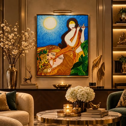 Radha Kishna Flute Hand Painted Acrylic Canvas Art Painting | 18×21 Inch Traditional Indian Wall Painting | Krishna Devotional Decor for Home, Gallery & Hotel | Swadeshi Handmade Art Paintings