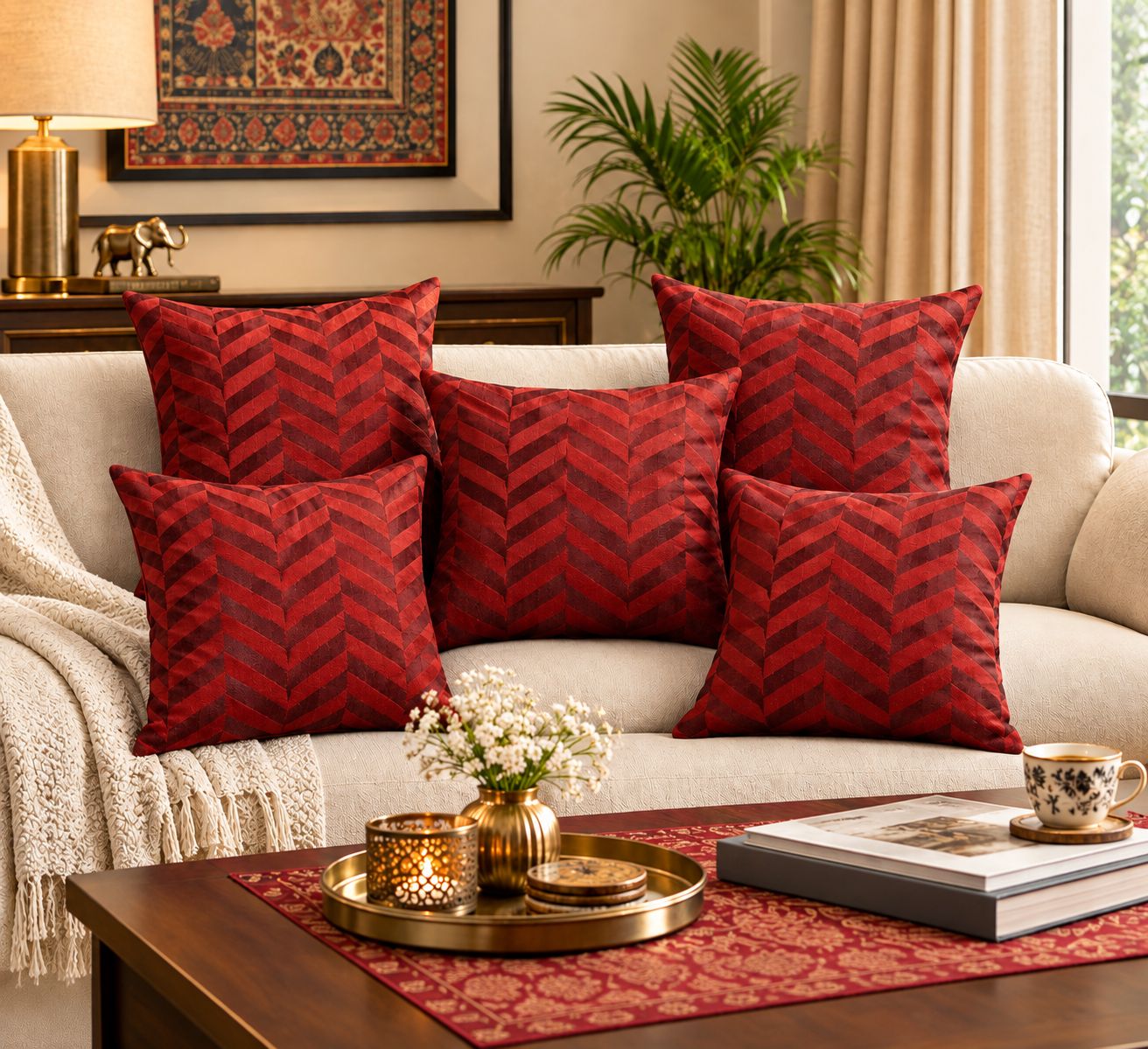 DHRUVINSRI Luxury Velvet Cushion Covers Set of 5 | 16 x 16 Inch Square | Maroon Fancy Geometric Design | Premium Soft Velvet Finish | Concealed Zipper | Living Room & Bedroom Décor