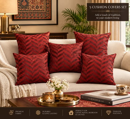 DHRUVINSRI Luxury Velvet Cushion Covers Set of 5 | 16 x 16 Inch Square | Maroon Fancy Geometric Design | Premium Soft Velvet Finish | Concealed Zipper | Living Room & Bedroom Décor