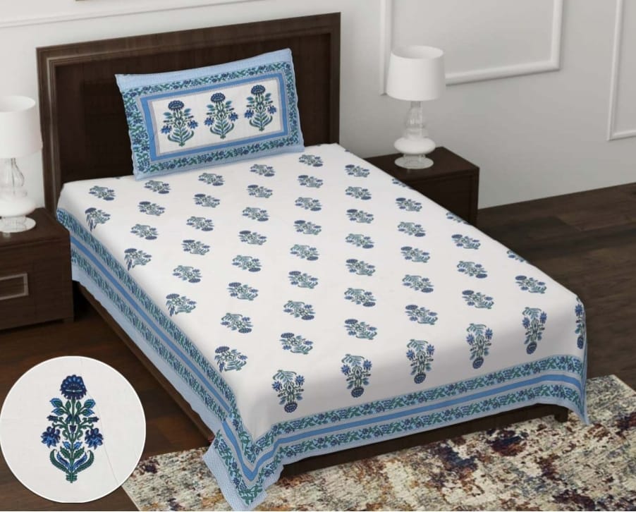DHRUVINSRI Luxury Hand Block Print Pure Cotton 1 Single Bedsheet with 1 Pillow Cover 60*90 inches, 250GSM,144TC-1 Set