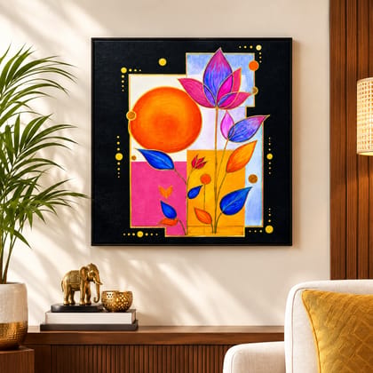 DHRUVINSRI Vastu Inspired Lotus & Rising Sun Acrylic Canvas Art I Painting 8x10 Inch| Unframed-1 Pc