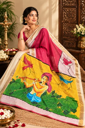 DHRUVINSRI Luxury Kerala Cotton Kasavu Saree | Hand Painted Krishna & Murli Art with Golden Zari Border | Elegant Yellow Ethnic Saree with Running Blouse