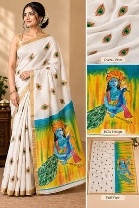 DHRUVINSRI Premium Ivory White Kerala Kasavu Cotton Hand Painted Saree | Peacock Tree of Life Ethnic Motif | Fine Lightweight Cotton Kasavu Saree | Artisan Handmade Indian Traditional Saree for Women