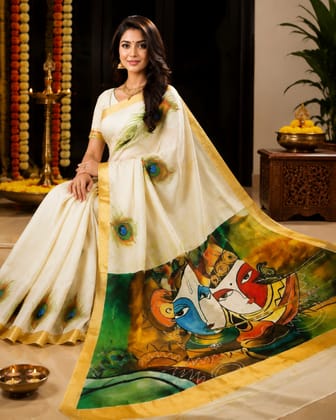 DHRUVINSRI Premium Kerala Cotton Kasavu Saree with Golden Zari Border, Wearable Indian Art, 6.25 m Length and Running Blouse, Features Acrylic Hand-Painted Radha Krishna Vrindavan Artwork Inspired by Krishna's Bansuri