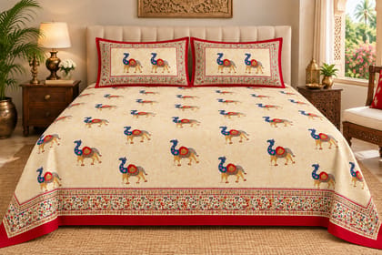 Jaipur Traditional Heritage Cotton King Size Bedsheets 90x108 Inches, 2 Pillow Covers , Royal Luxury Heritage, Camel Hand Block Print Appaearance, 144 TC-1 Set( 3Pcs in 1 Set)  Available Colour Pink City Red)