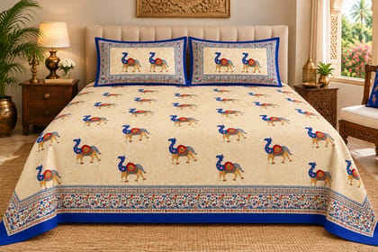 Jaipur Traditional Heritage Cotton King Size Bedsheets 90x108 Inches, 2 Pillow Covers , Royal Luxury Heritage, Camel Hand Block Print Appaearance, 144 TC-1 Set( 3Pcs in 1 Set)  Available Colour Pink City Red)