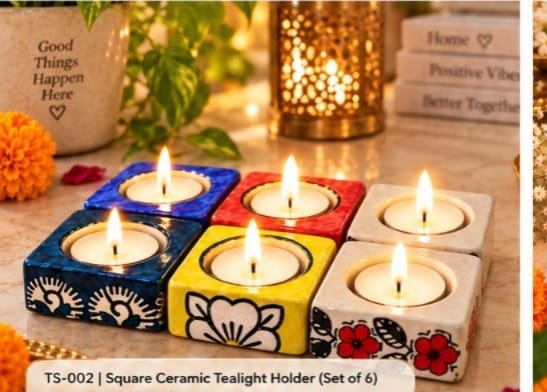 DHRUVINSRI Handmade Ceramic Diya & Tealight HolderI Reusable, Ecofriendly | Decorative Multi-Purpose Festive Home Decor-3 Pc