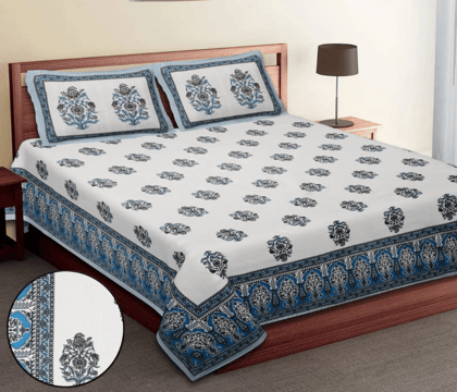 DHRUVINSRI Hand Block Print Pure Cotton Double King Bedsheet | 3 Pc Set with 2 Pillow Covers | 100×108 Inch