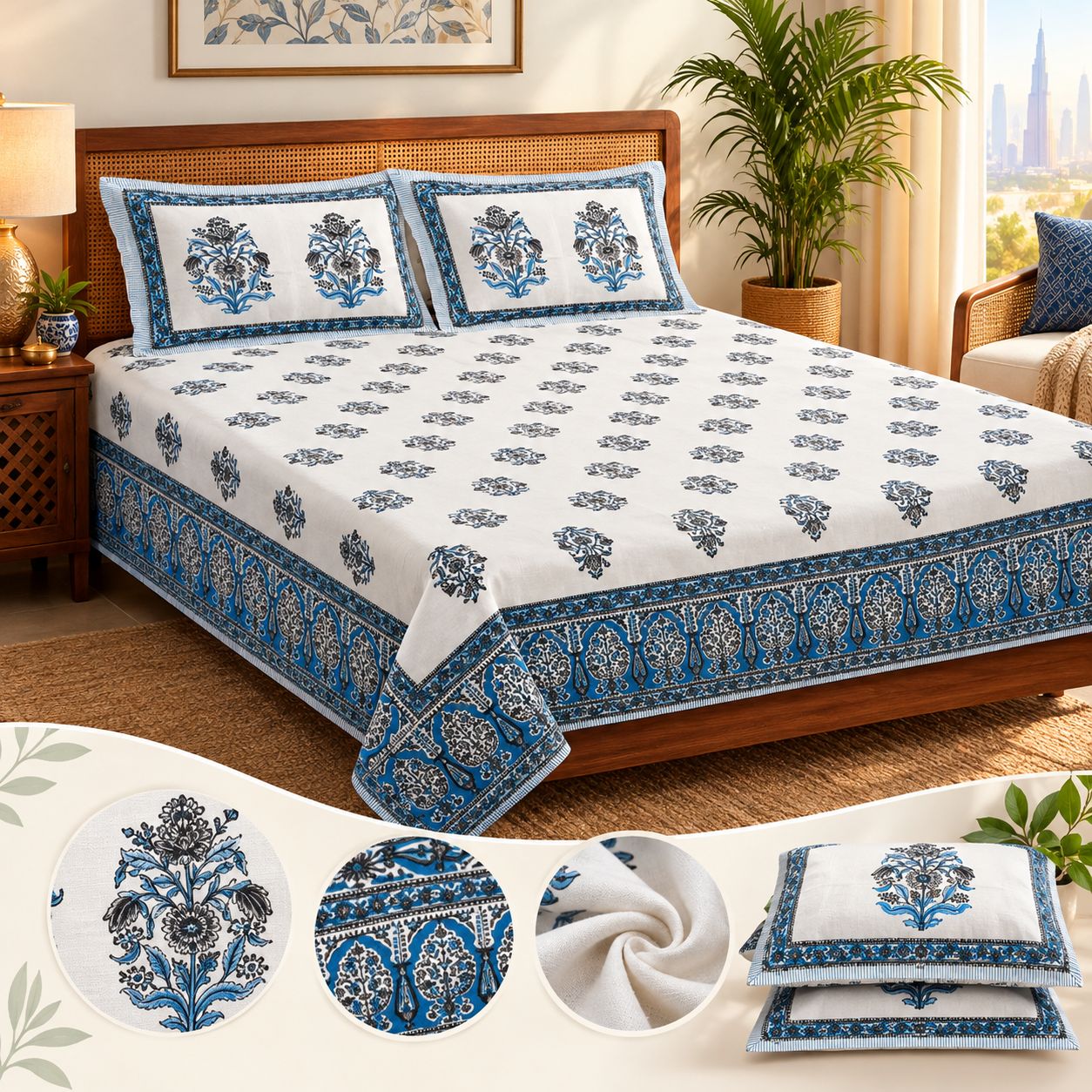 DHRUVINSRI Hand Block Print Pure Cotton Double King Bedsheet | 3 Pc Set with 2 Pillow Covers | 100×108 Inch